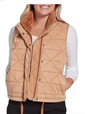 NWT Calia by Carrie Underwood Quilted Faux-Shearling Collar Vest - Camel